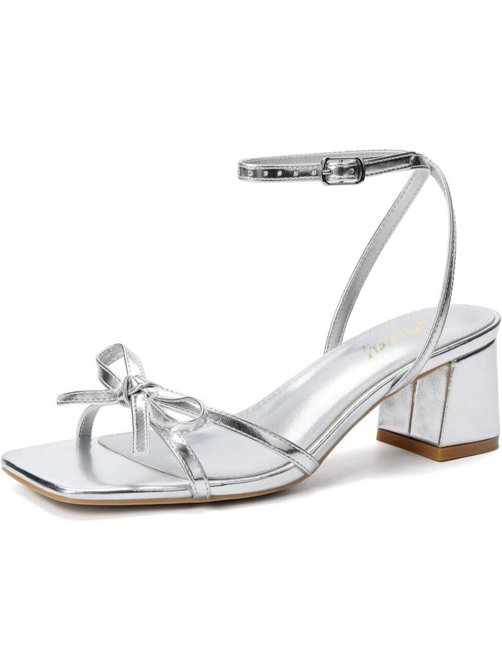 Women's Silver Square Open Toe Bow Strappy Block Chunky Stylish Low Heels Sandal